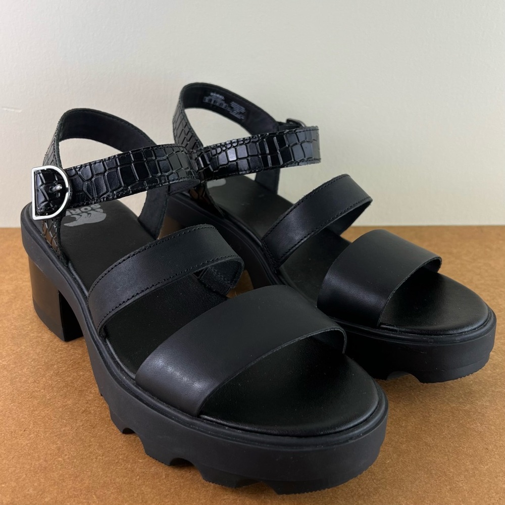NEW SOREL BLACK LEATHER SANDALS - Picture 2 of 12